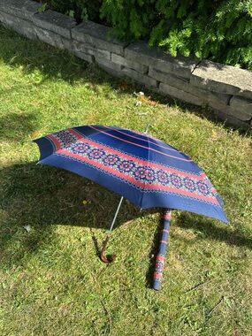 Vintage Navy Floral Stripe Umbrella